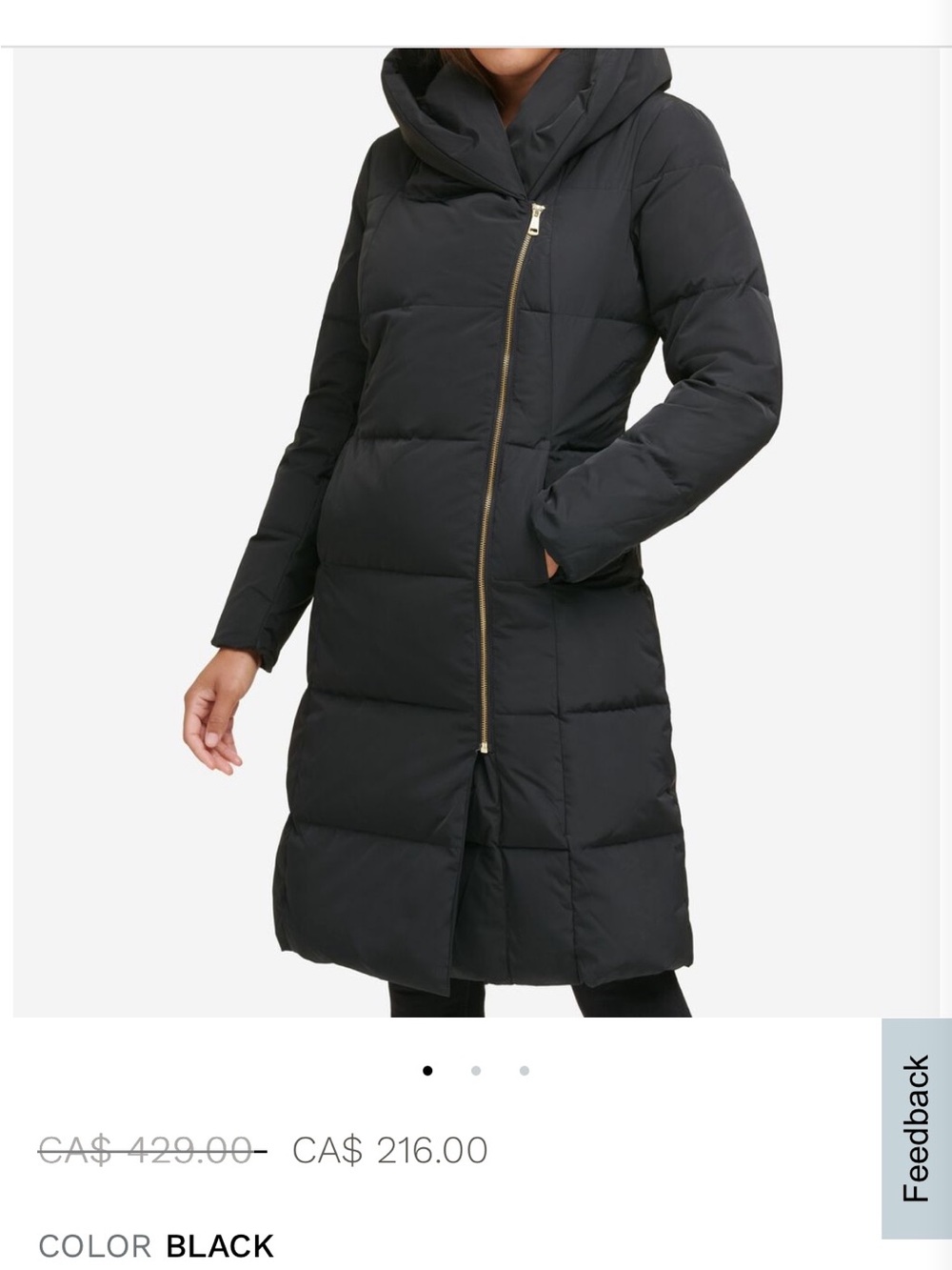 Cole Haan Black Asymmetrical Zip Long Down Puffer Coat